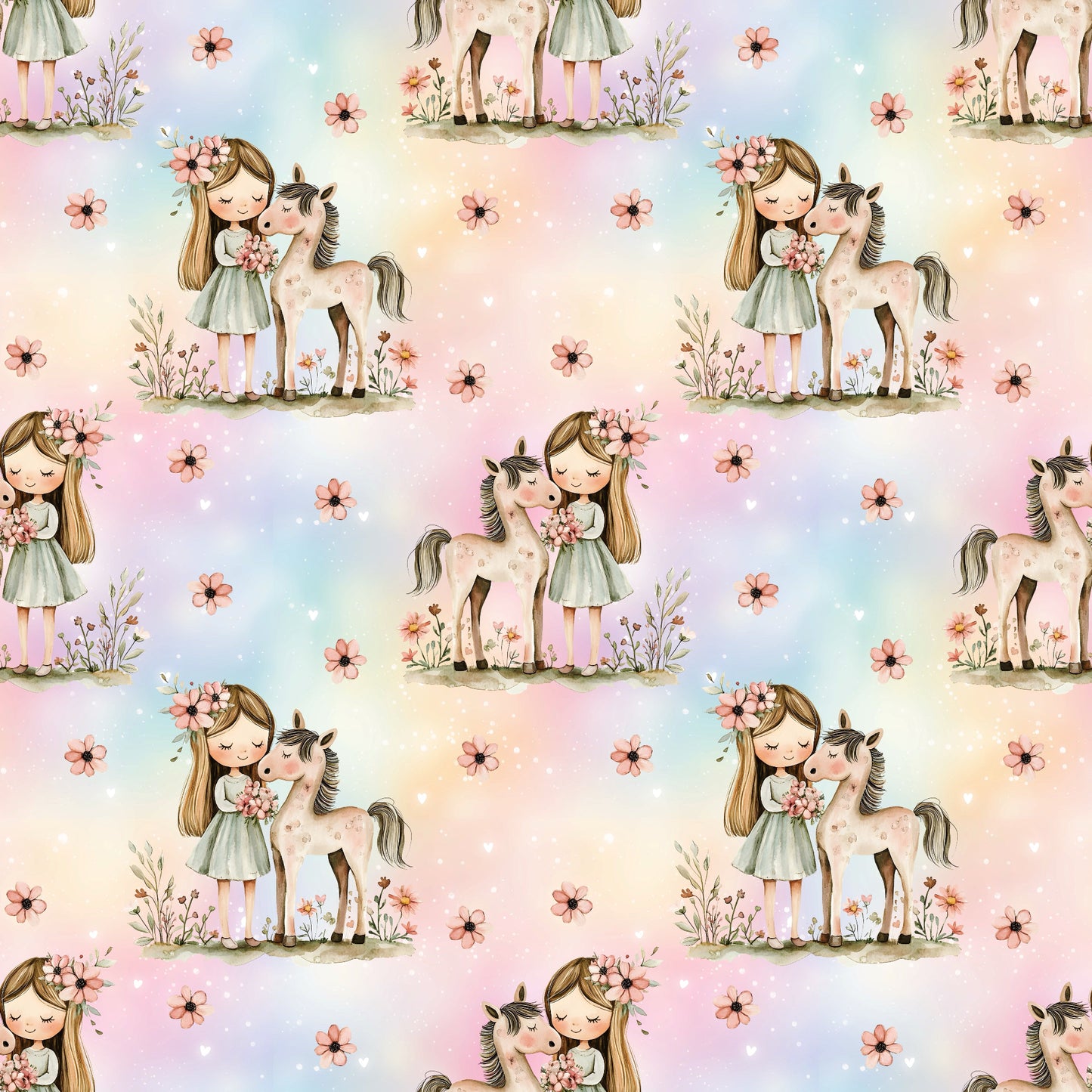 Stoff „Pferdemädchen“ mit pastellfarbenem Hintergrund und liebevollem Motiv aus Mädchen und Pony.