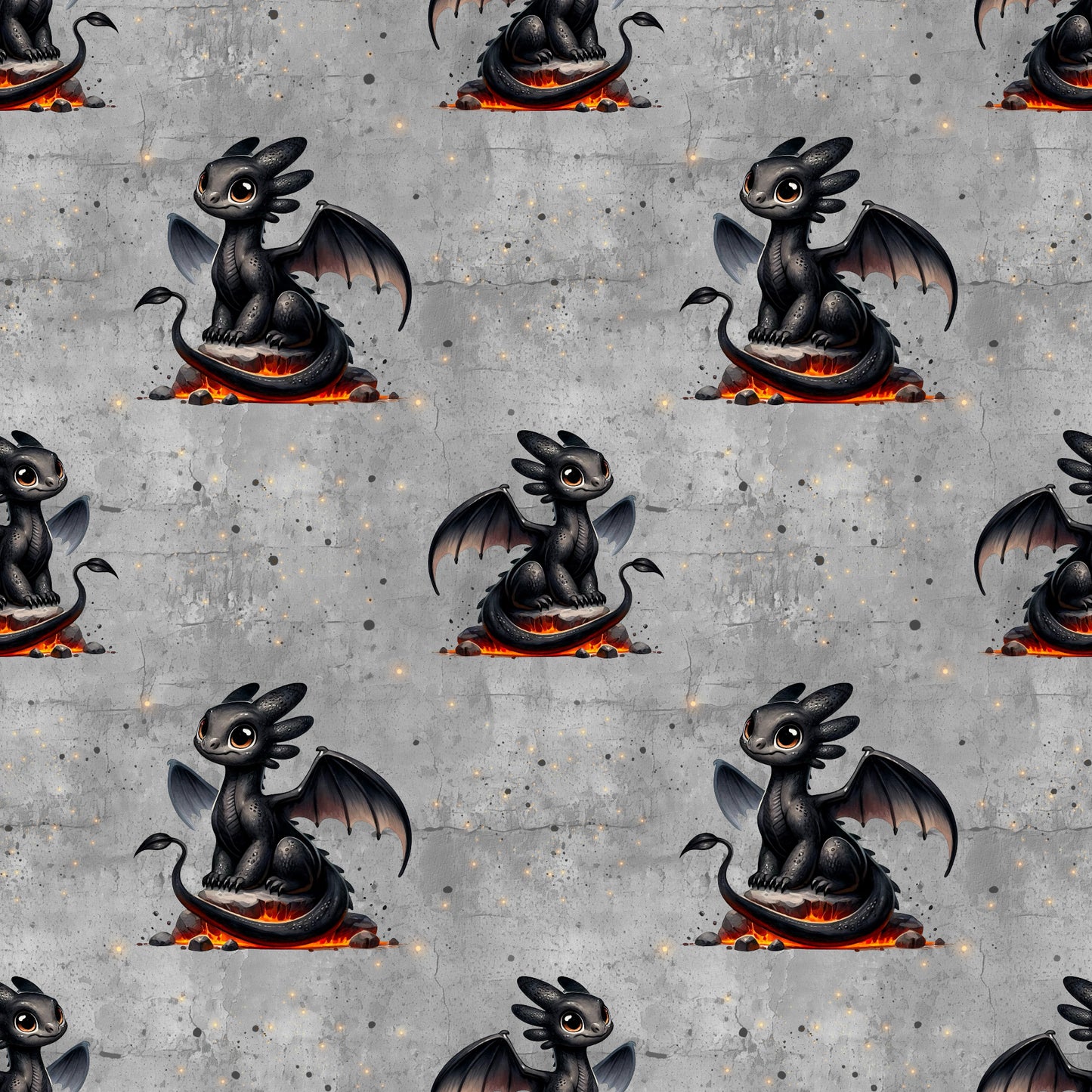 Stoff mit schwarzem Drachenmotiv auf dunklem, strukturiertem Hintergrund.