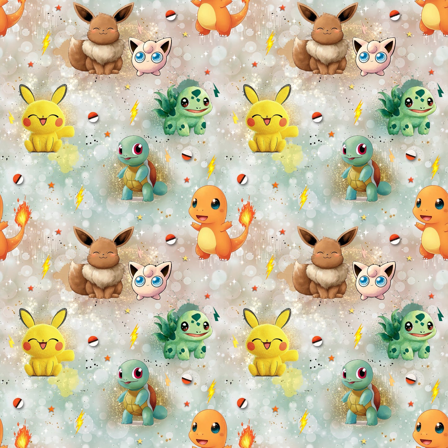 Nahtloses Stoffdesign „Abenteuerfreunde“ mit niedlichen Tierchen im Anime-Design.