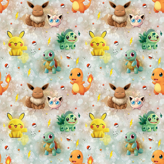 Nahtloses Stoffdesign „Abenteuerfreunde“ mit niedlichen Tierchen im Anime-Design.