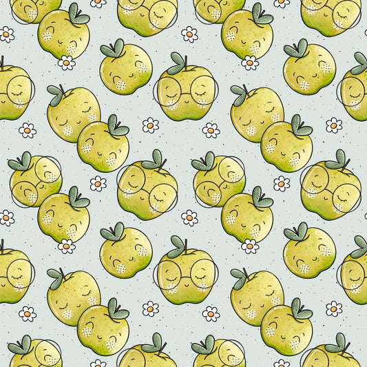 „Äpfelchen“ – das süße Stoffdesign mit charmanten Apfel-Illustrationen und kleinen Blüten. Im Katzengold-Design gestaltet, ideal für farbenfrohe, kreative Projekte.