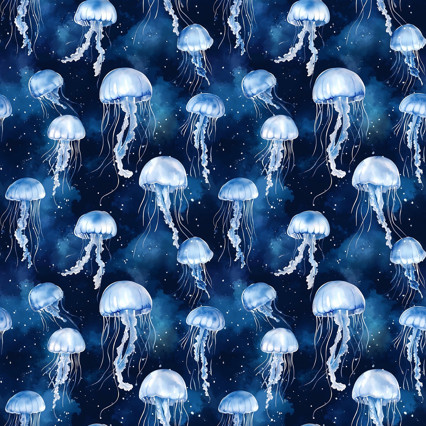 Nahtloses Stoffdesign „Aquarell Quallentanz Blau“ mit leuchtenden blau-weißen Quallen auf einem tiefblauen Aquarellhintergrund.