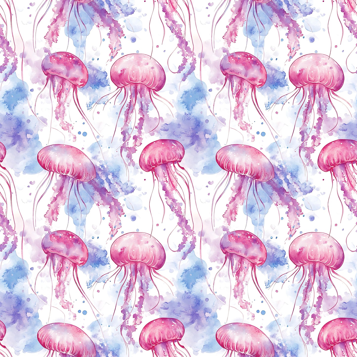 Nahtloses Stoffdesign „Aquarell Quallentanz“ mit schwebenden Quallen in Pink, Rosa, Lila und Blau auf hellem Hintergrund mit farbigen Aquarelleffekten.