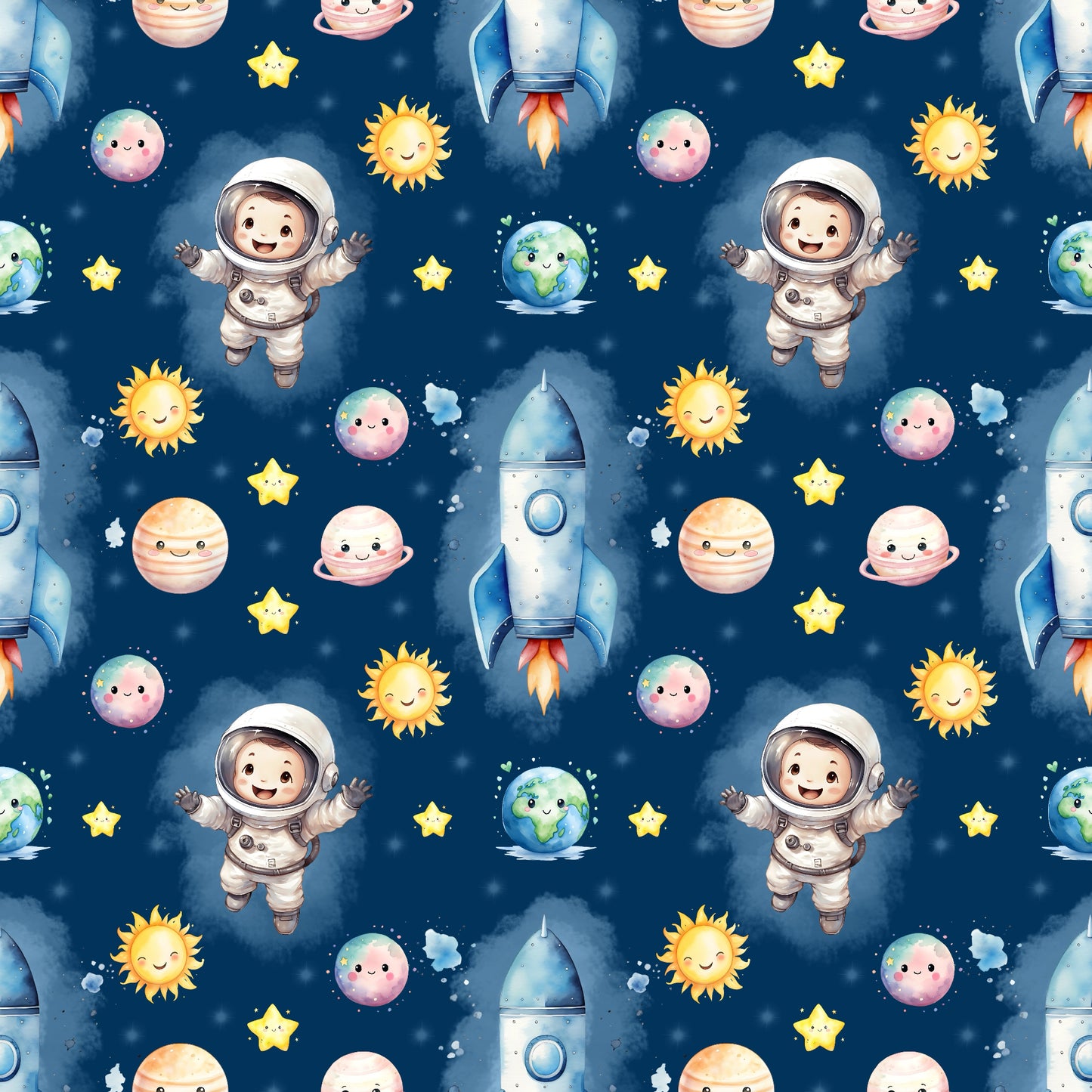 Stoffkachel des Astronauten-Stoffs: Rakete, Astronaut, bunte Planeten, Sonne und Sterne auf dunkelblauem Weltraum-Hintergrund.