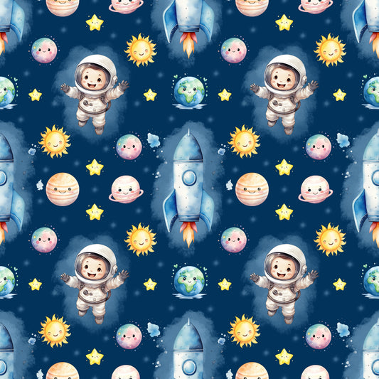 Stoffkachel des Astronauten-Stoffs: Rakete, Astronaut, bunte Planeten, Sonne und Sterne auf dunkelblauem Weltraum-Hintergrund.