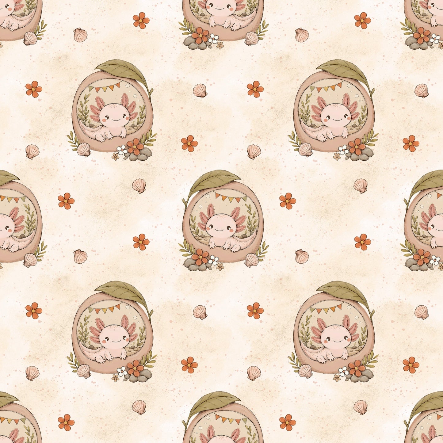 Detailansicht des Stoffdesigns Axolotlträumchen Creme mit kleinen Axolotl, Blüten und Muscheln auf cremefarbenem Hintergrund