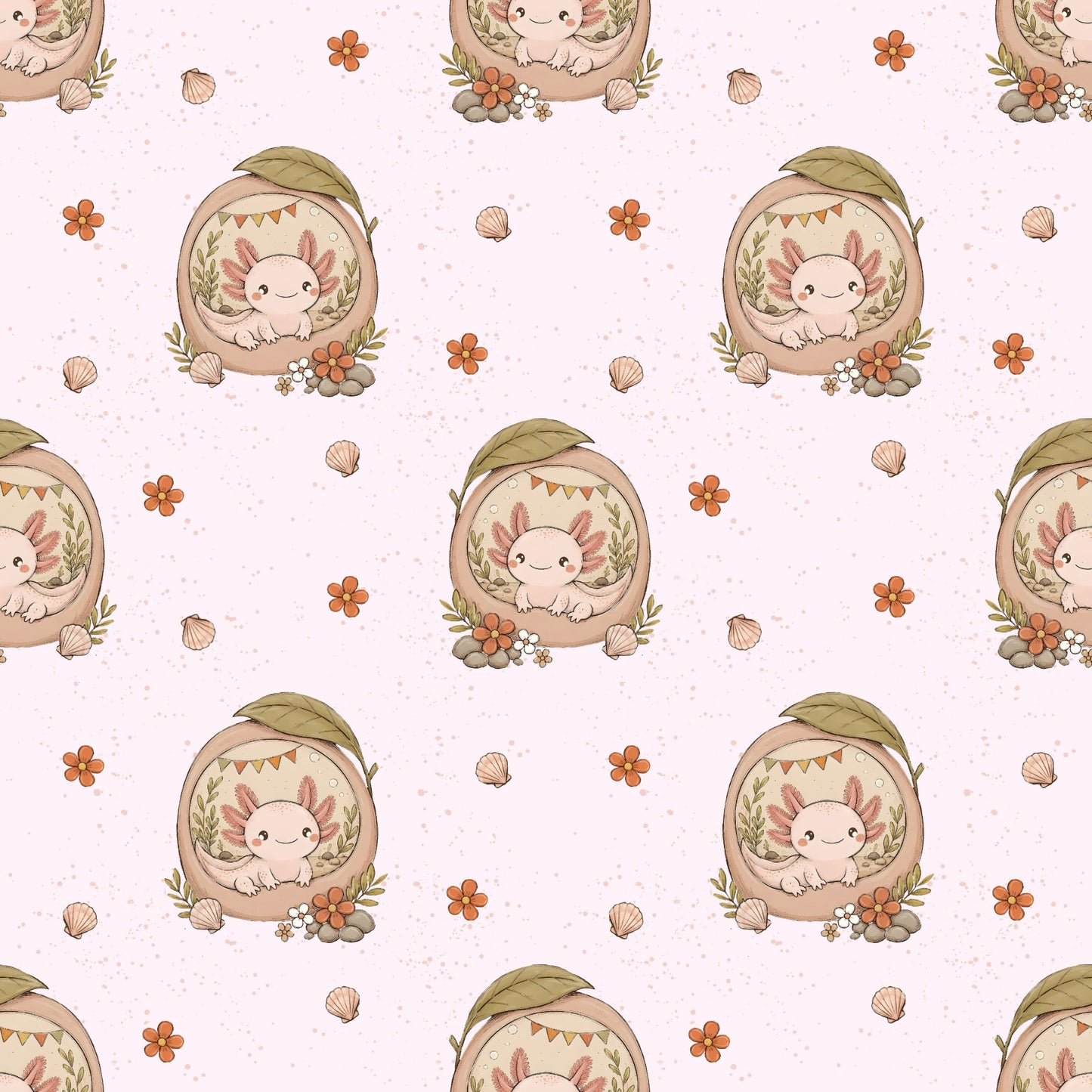 Detailansicht des Stoffdesigns Axolotlträumchen Rosé mit Axolotl, Blüten und Muscheln auf rosafarbenem Hintergrund