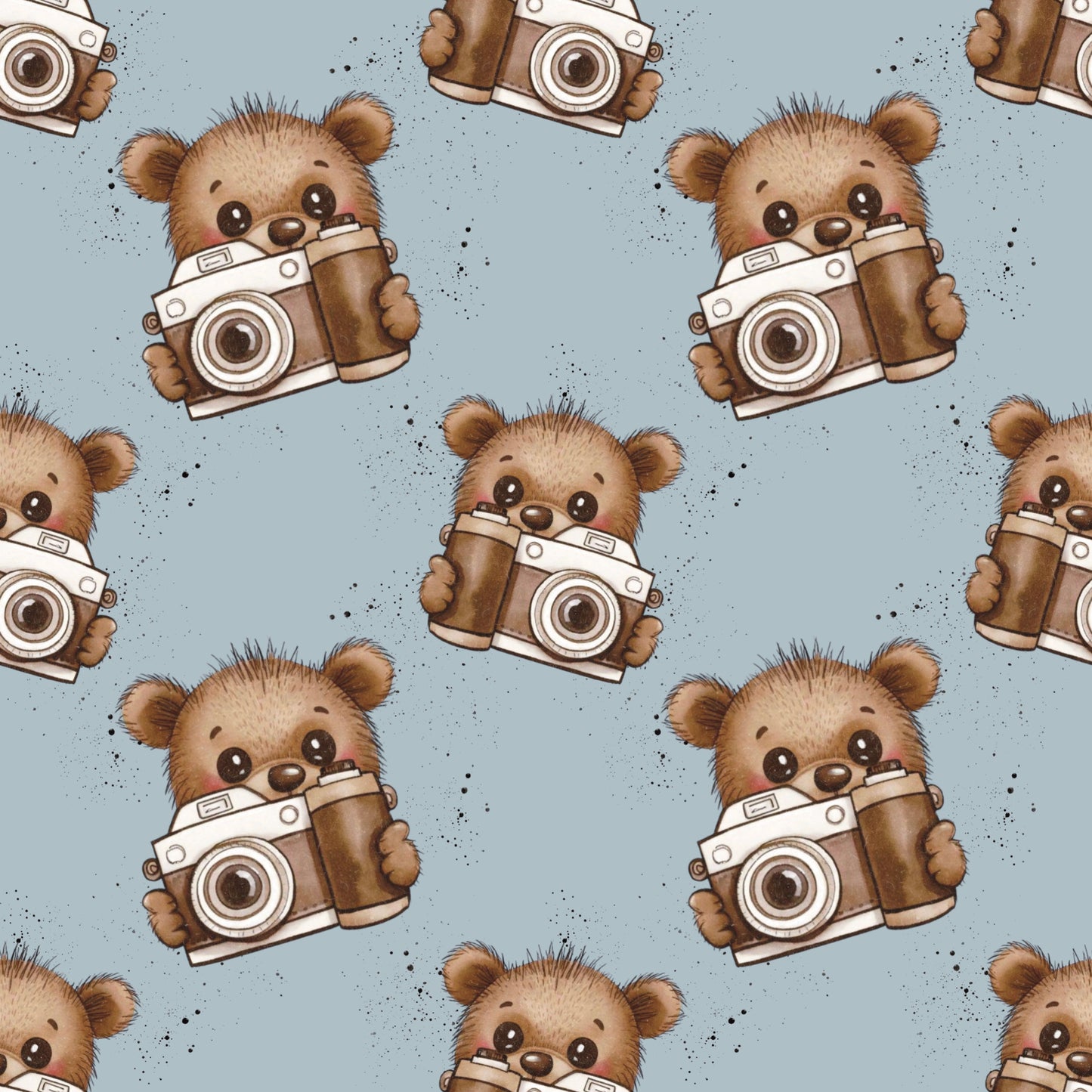 Nahtloses Muster mit süßen Bären, Kamera und Coffee-to-go Becher in warmen Brauntönen