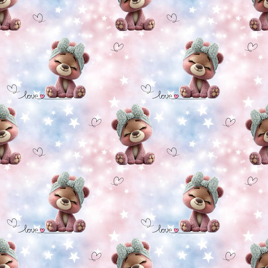 Bärchen Love Allover-Muster mit süßen rosa Bärchen, Sternen, Herzchen und Pastellfarben in Rosa und Hellblau für Baby- und Kinderkleidung