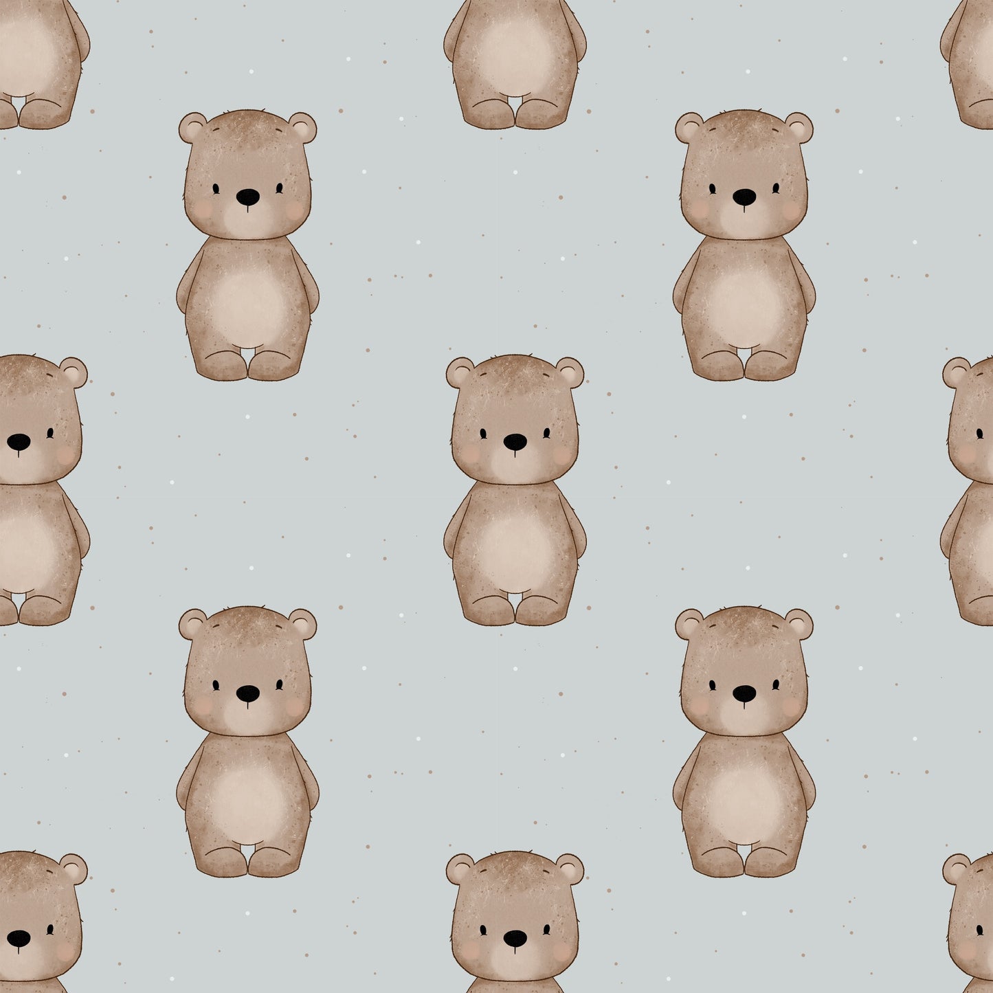 Nahtloses Bärchen Design mit braunen Bären auf ruhigem Nebelblau Hintergrund