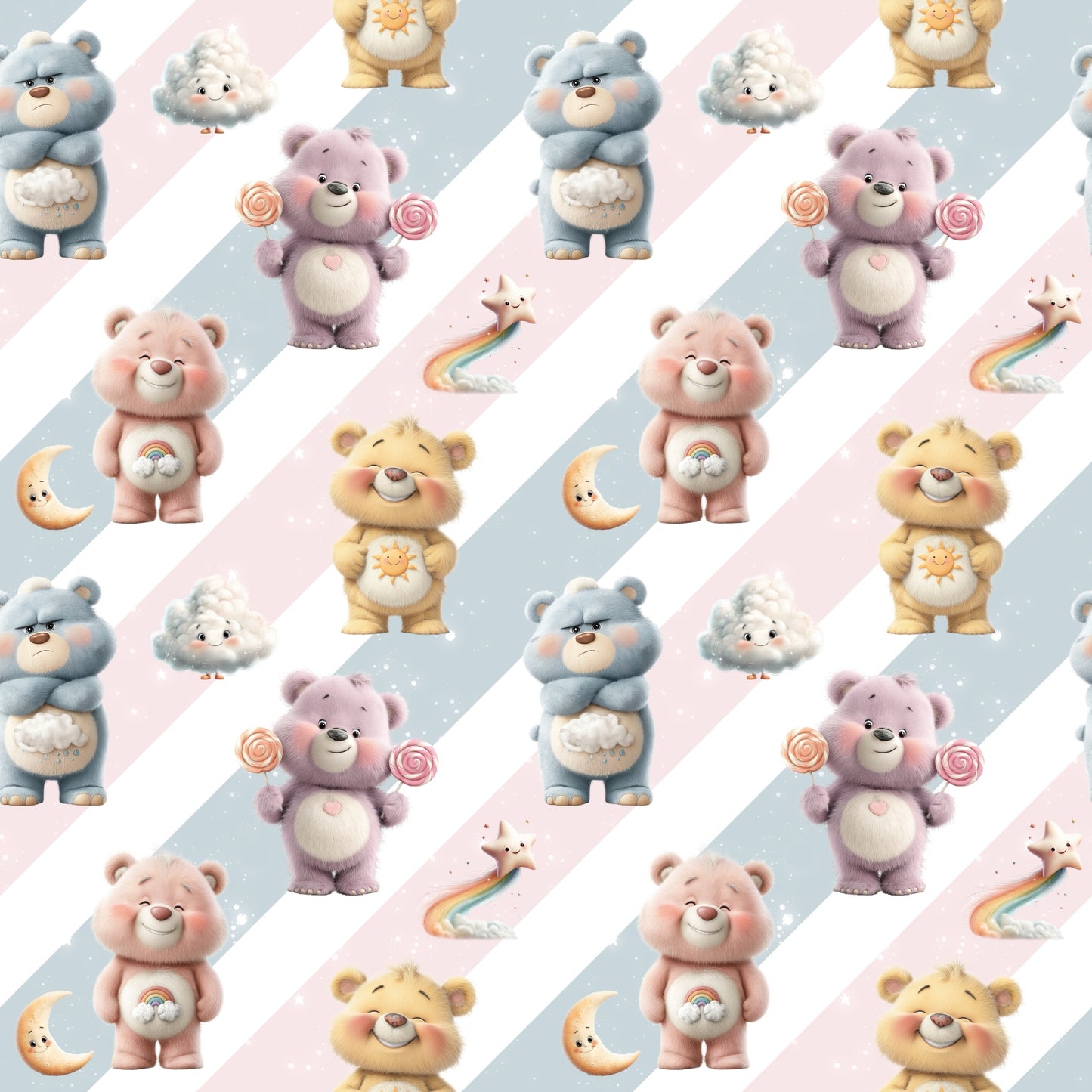 Nahtlos wiederholendes Muster „Bärchis voller Glück“ – fröhliche Bärchen mit Regenbogen-, Wolken- und Sternmotiven in sanften Pastelltönen