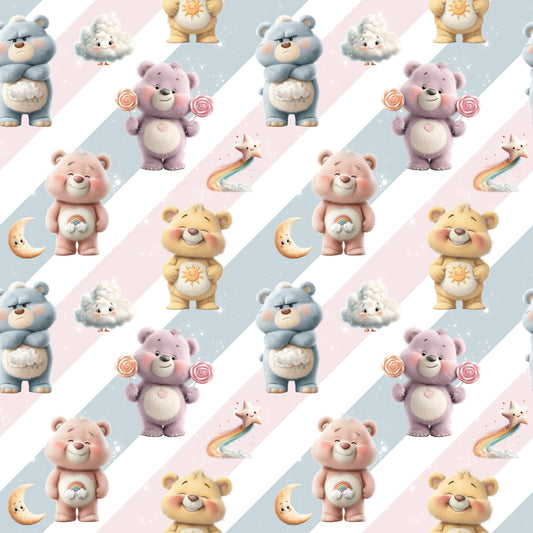 Nahtlos wiederholendes Muster „Bärchis voller Glück“ – fröhliche Bärchen mit Regenbogen-, Wolken- und Sternmotiven in sanften Pastelltönen