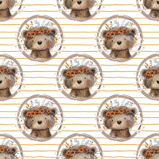 Nahtloses Muster „Bärenzauber“ auf Ripp-Jersey – liebevoll gezeichnete Bären & zarte Blumenakzente in warmen Naturtönen