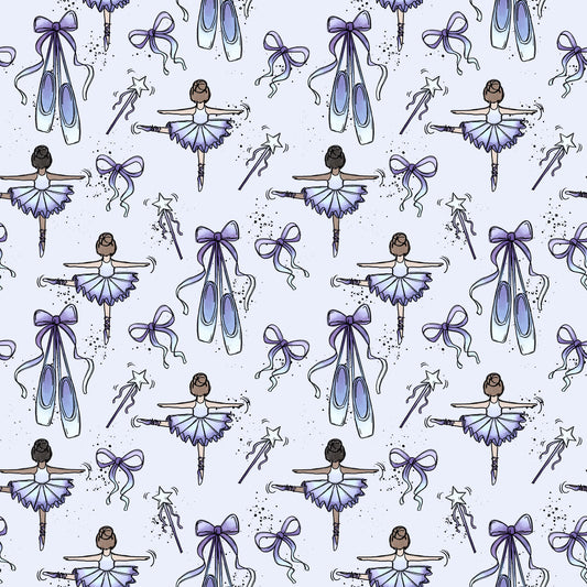 Ballerina Stoffdesign mit Balletttänzerinnen, Ballettschuhen, Schleifen und Stern-Zauberstäben in Flieder und Hellblau