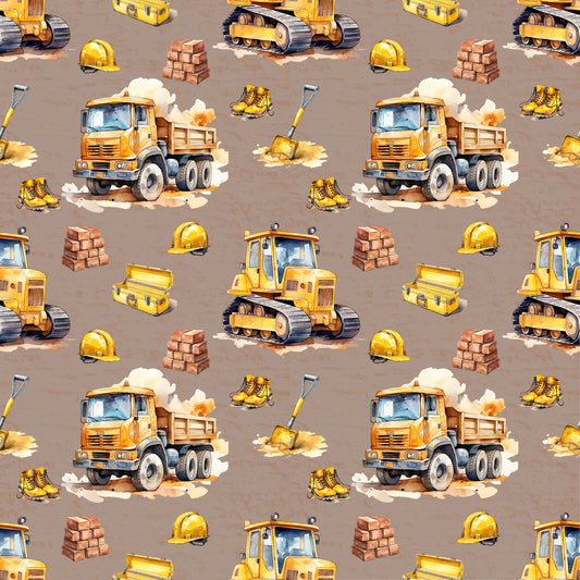 Stoffkachel „Baustellen-Abenteuer“: nahtloses Muster mit wiederholten Baufahrzeugen und Baustellen-Icons auf taupe/greigem Grund; gleichmäßig rapportiert.