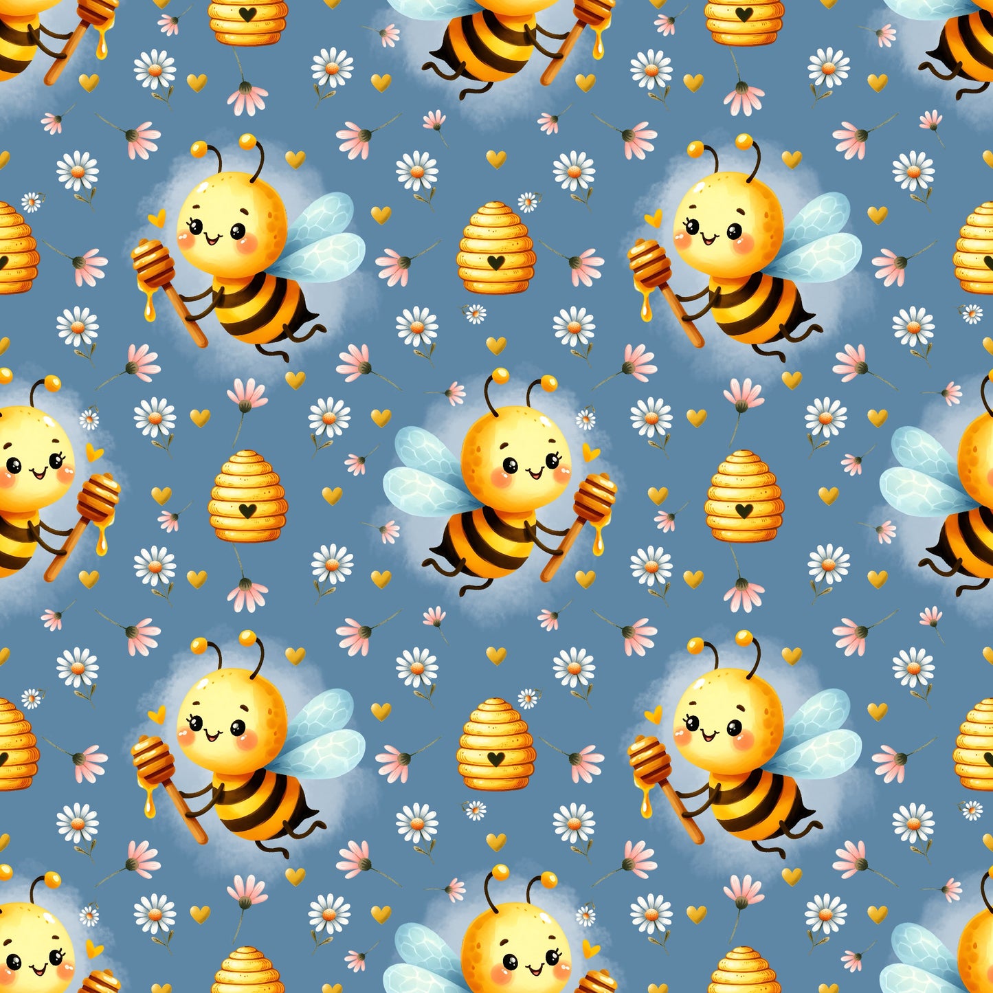Stoffkachel „Bee Happy“: nahtloses Muster mit wiederholten Bienen, Körben, Gänseblümchen & Herzen auf taubenblauem Grund; gleichmäßig rapportiert.