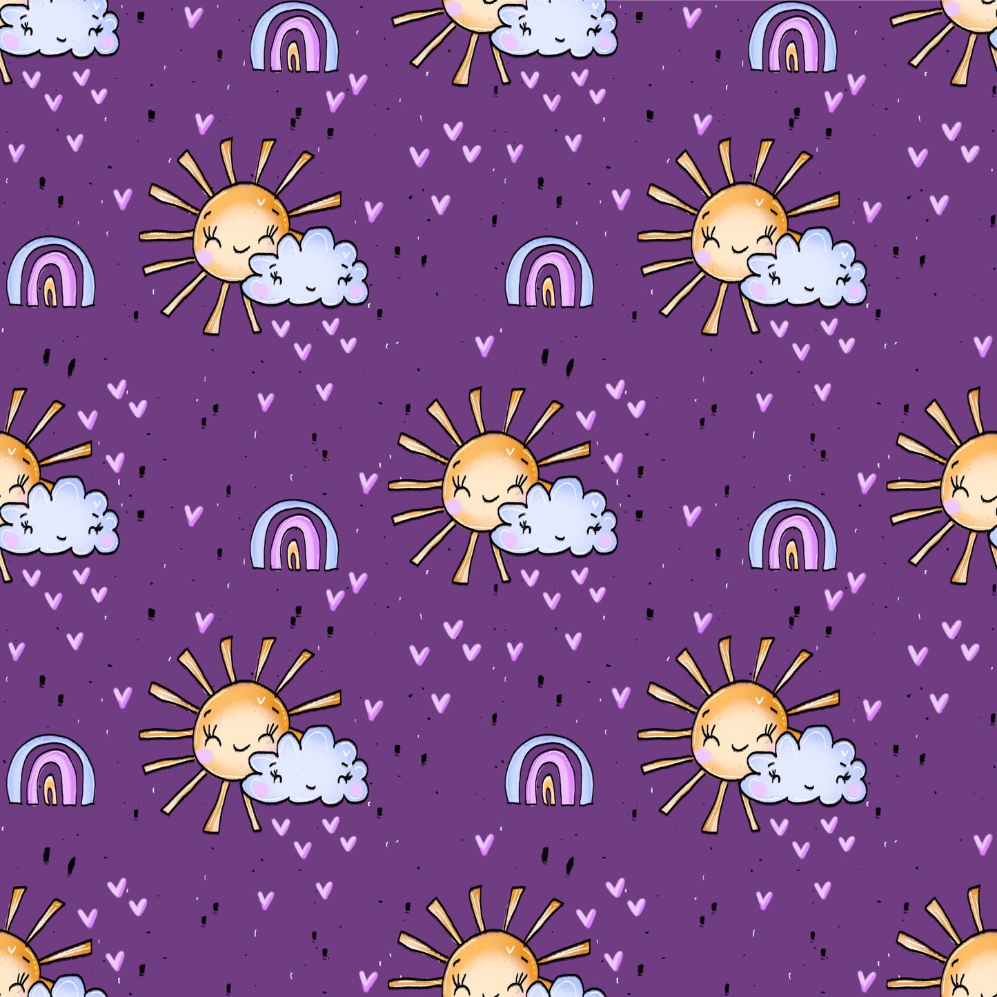 Stoffkachel „Believe in Magic Sonne“: nahtloses Muster mit Sonnen, Wölkchen, Herzchen und Regenbögen auf violettem Hintergrund; gleichmäßig rapportiert.