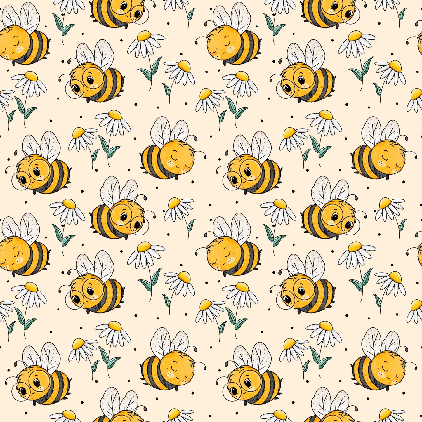nahtloses Bienchen- und Gänseblümchen-Muster auf Creme, fröhlicher Kinderstoff von Katzengold-Designs