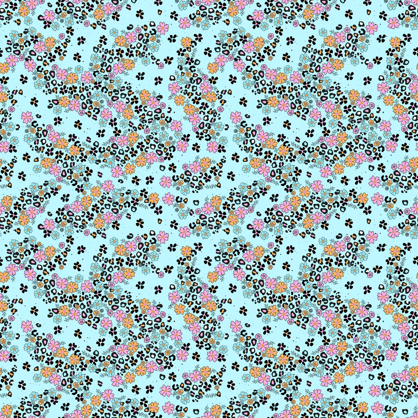 Blühglück Muster mit Blumen und Leo-Elementen von Katzengold-Designs auf mint-türkisem Hintergrund.