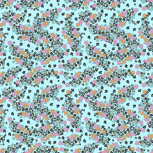 Blühglück Muster mit Blumen und Leo-Elementen von Katzengold-Designs auf mint-türkisem Hintergrund.