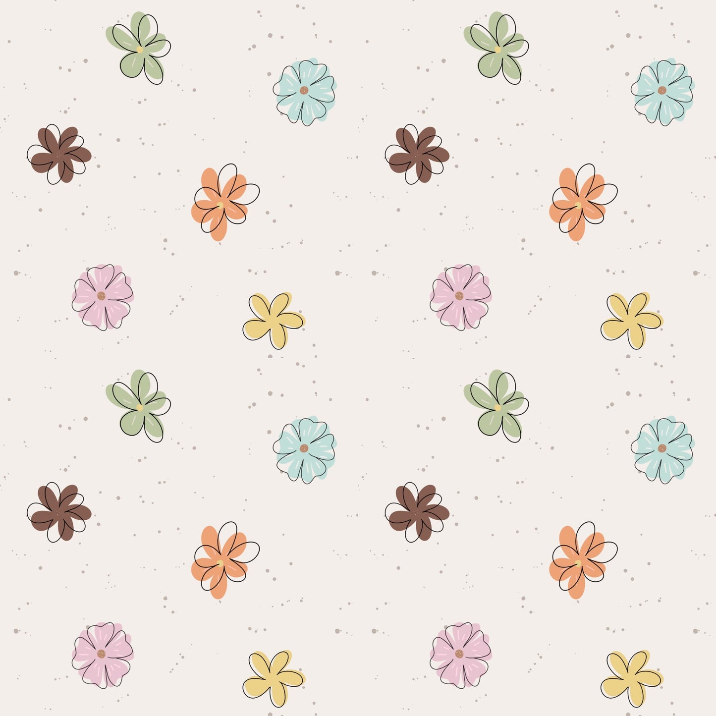 Blümchen Allover-Muster mit kleinen Blumen in Rosa, Mint, Gelb, Apricot und Braun auf hellem Hintergrund für Babykleidung, Kinderkleidung und kreative Nähprojekte