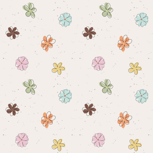 Blümchen Allover-Muster mit kleinen Blumen in Rosa, Mint, Gelb, Apricot und Braun auf hellem Hintergrund für Babykleidung, Kinderkleidung und kreative Nähprojekte