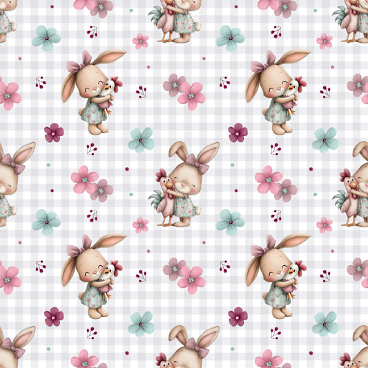 BlĂŒtenhĂ€schen & Huhn Stoffmuster mit Hasen, Huhn und floralen Details in zarten FrĂŒhlingsfarben