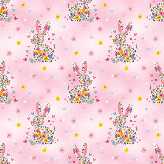 BlĂŒtenhĂ€schen RosĂ©zauber Stoffmuster mit floralen Hasenmotiven und FrĂŒhlingsblĂŒten