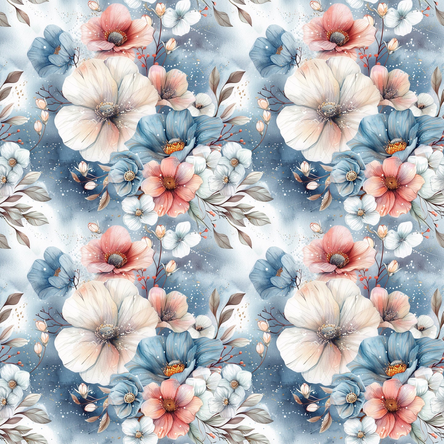 Blütenhauch Stoffdesign mit großen Aquarellblüten in Jeansblau, Altrosa und Creme mit feinen Blättern und Zweigen