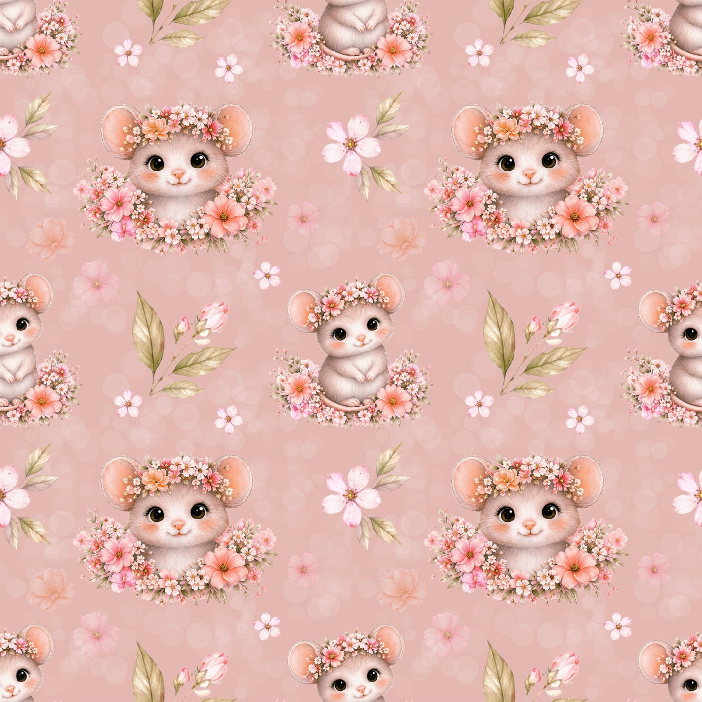 Niedliche Mäuse mit Blumenkränzen und rosa Blüten auf rosafarbenem Hintergrund.