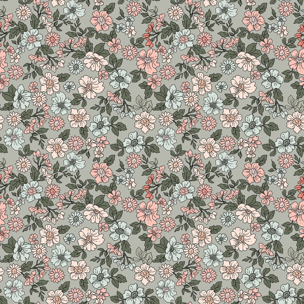 Blütenwiese Salbei Stoffdesign mit zarten Blüten in Rosa, Creme und Mint sowie dunkelgrünen Blättern auf salbeigrünem Hintergrund
