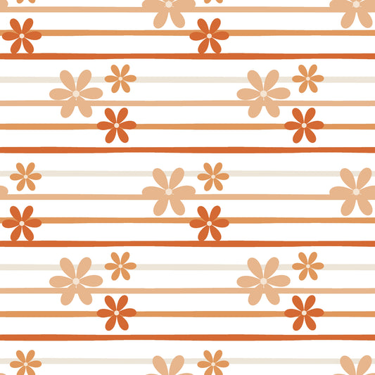Nahtloses Muster „Blütenzauber“ auf Ripp-Jersey – florale Elemente & Streifen in Orangetönen für Baby- & Kinderkleidung