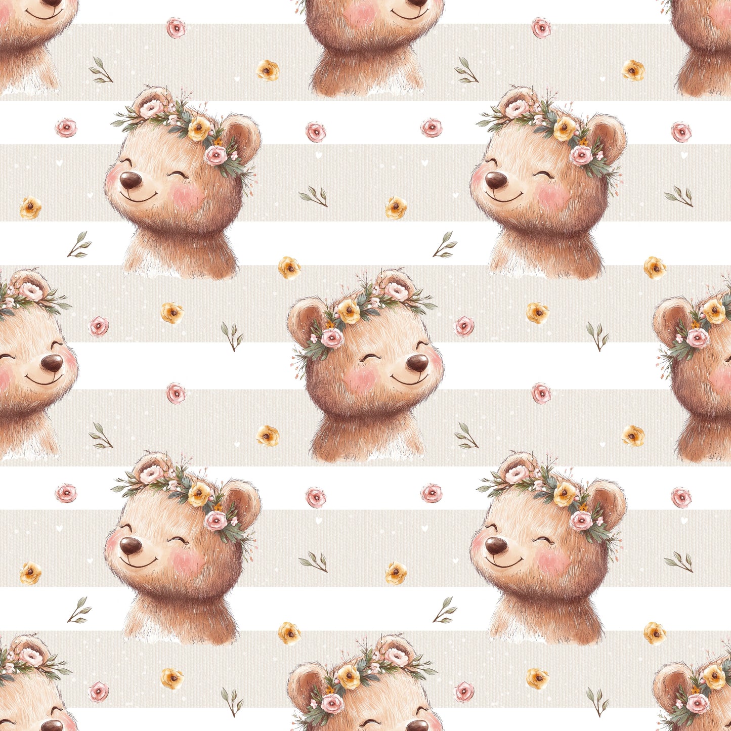 Nahtloses Muster „Blumenbär“ auf Ripp-Jersey – verspieltes Bärenmotiv mit floralen Akzenten für Baby- & Kinderkleidung