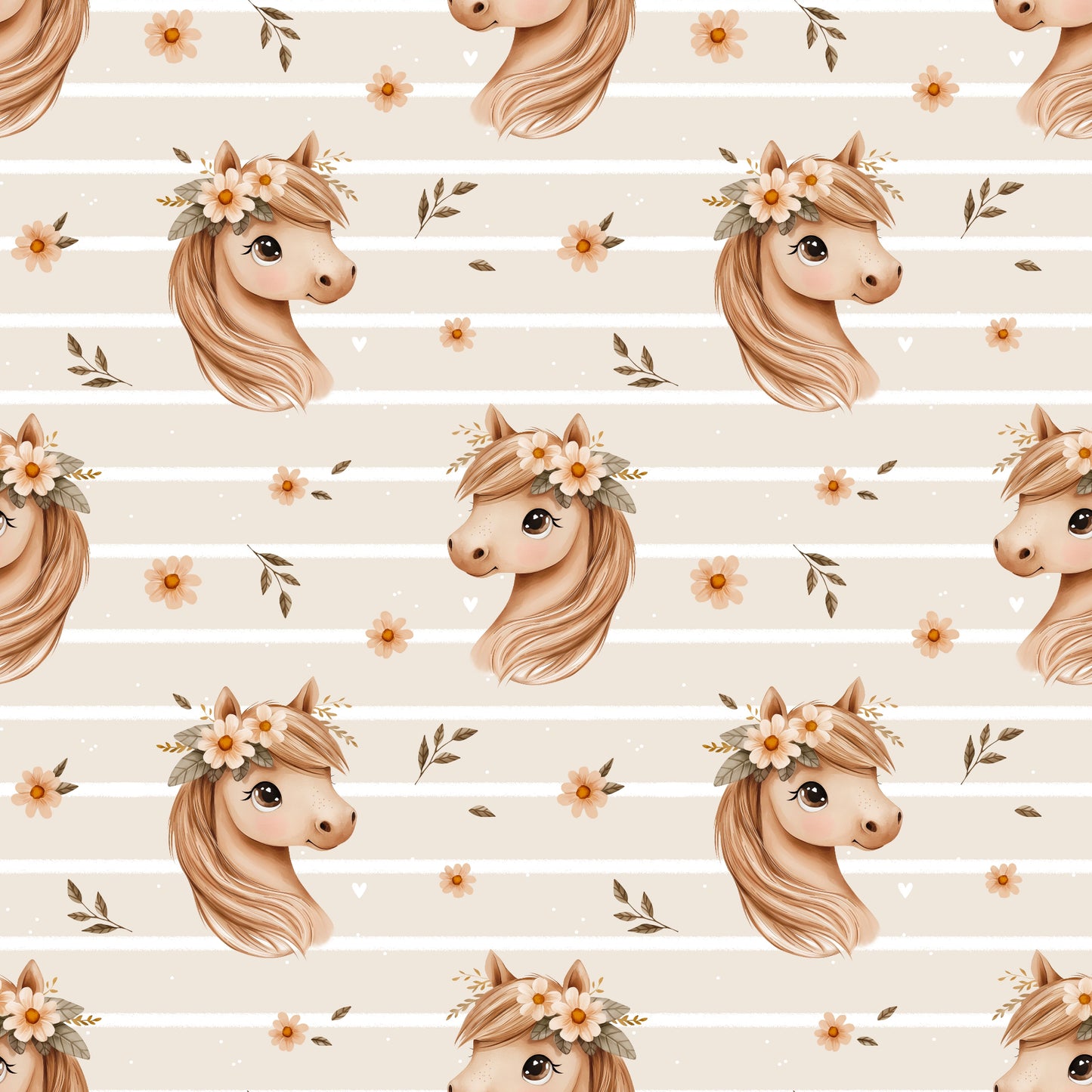Nahtloses Muster „Blumenpferd #2“ auf Ripp-Jersey – Pferdemotiv & florale Details mit Streifen für Baby- & Kinderkleidung