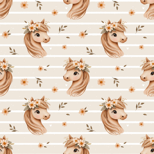 Nahtloses Muster „Blumenpferd #2“ auf Ripp-Jersey – Pferdemotiv & florale Details mit Streifen für Baby- & Kinderkleidung