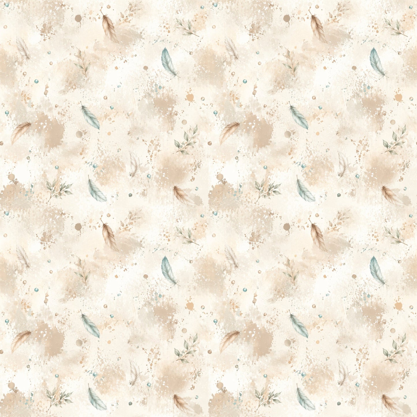 Boho Reh Kombi Stoff mit feinen Federn, Blättern und Aquarellsprenkeln in Beige, Creme und Salbeitönen auf hellem Hintergrund.