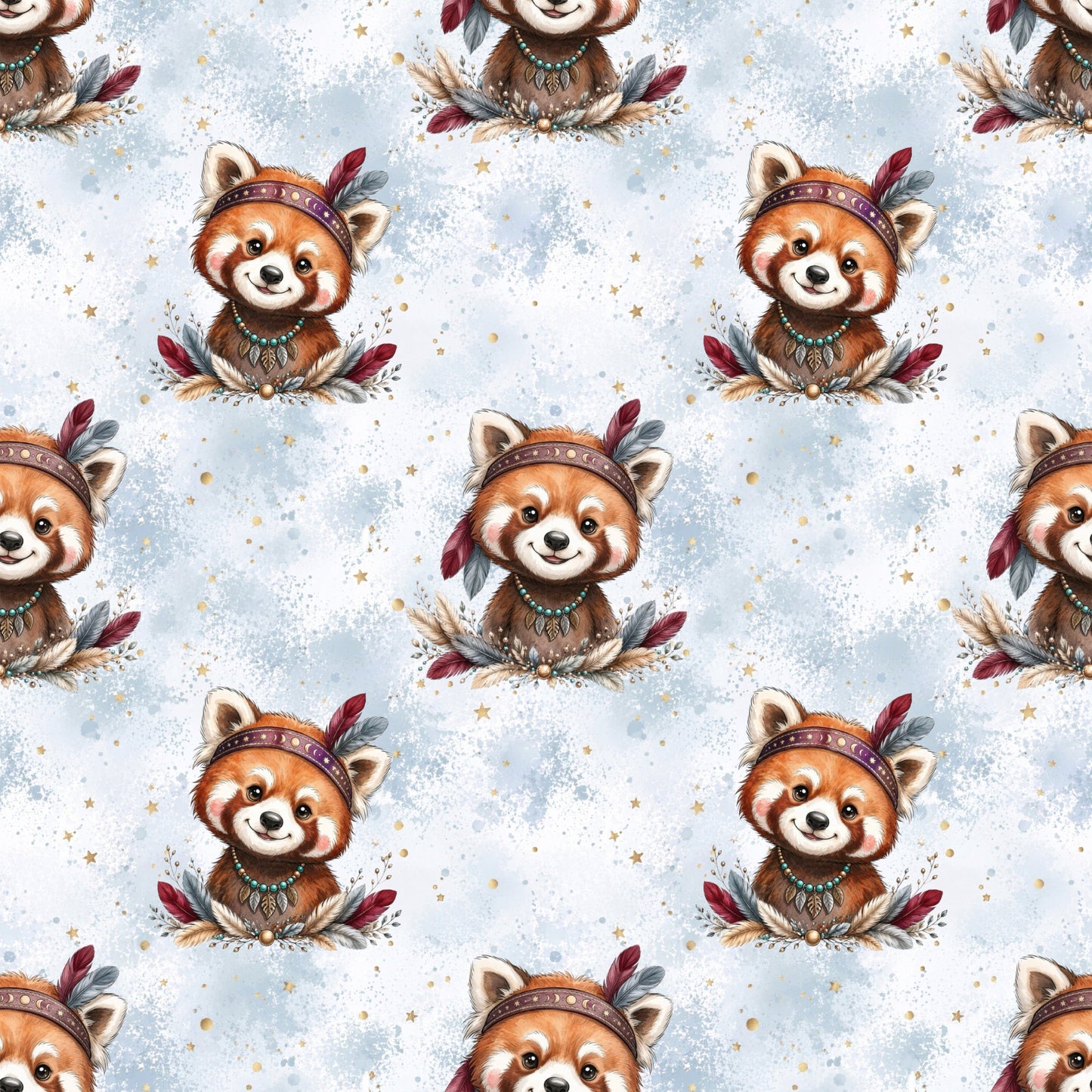 Boho Roter Panda Stoff mit niedlichen roten Pandas im Boho-Stil auf hellblauem Hintergrund mit goldenen Sternen und Aquarellstruktur.
