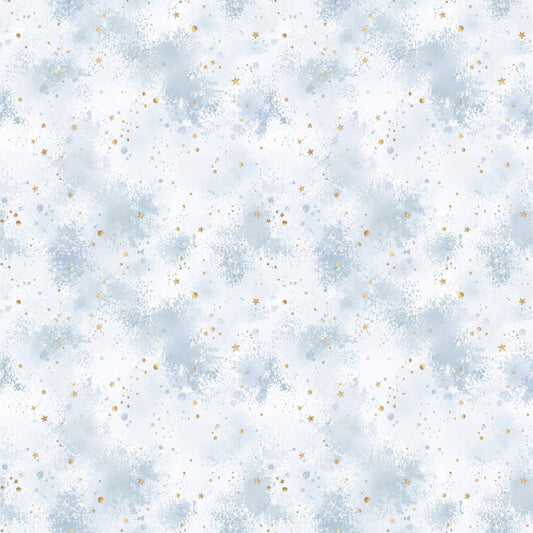 Boho Roter Panda Kombi Stoff mit hellblauer Aquarelloptik, feinen goldenen Sprenkeln und kleinen Sternen auf weiĂem Hintergrund.