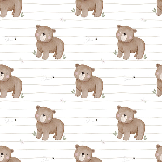 Nahtloses Muster „Brodi der Bär“ – Bär und zarte Details auf hellem Kinderstoff (Jersey/French Terry)