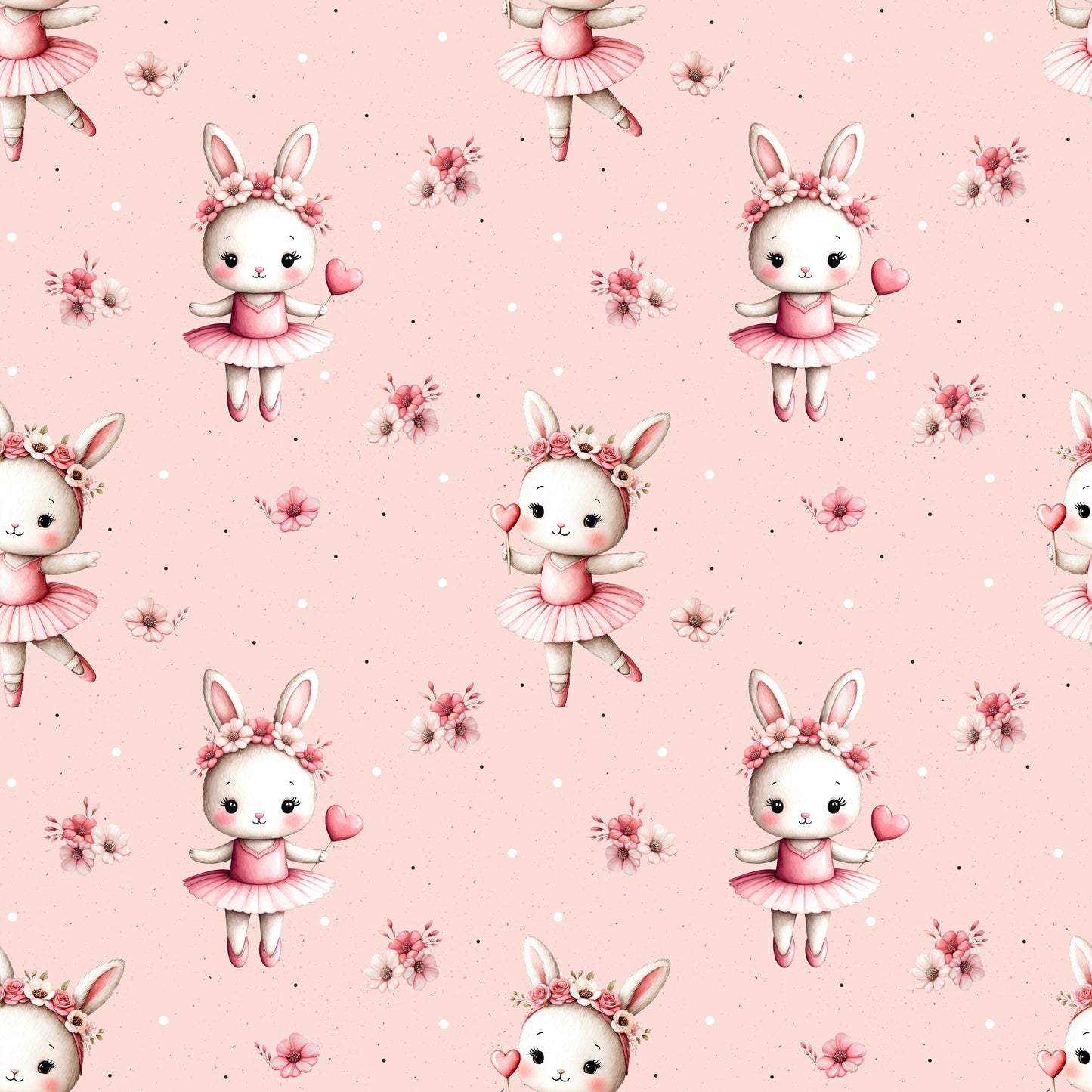 Naheaufnahme des Stoffdesigns „Bunny Ballerina“ mit Ballerina-Häschen, Blumen und Punkten auf roséfarbenem Hintergrund.