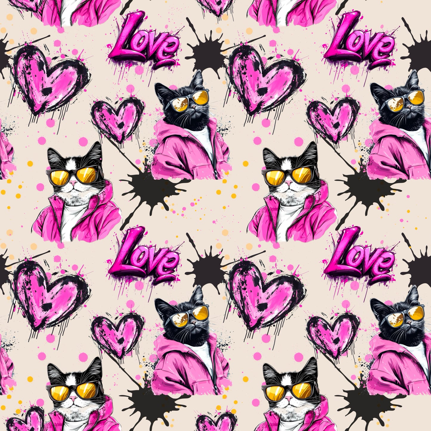 Kombistoff mit Katzen im Streetstyle-Look und pinkem Love-Schriftzug