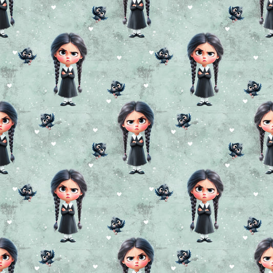 Nahtlos wiederholendes Muster „Dark Girl Vibes“ – Mädchen mit Zöpfen und schwarzen Raben in mystischer Farbwelt aus Grün- und Grautönen