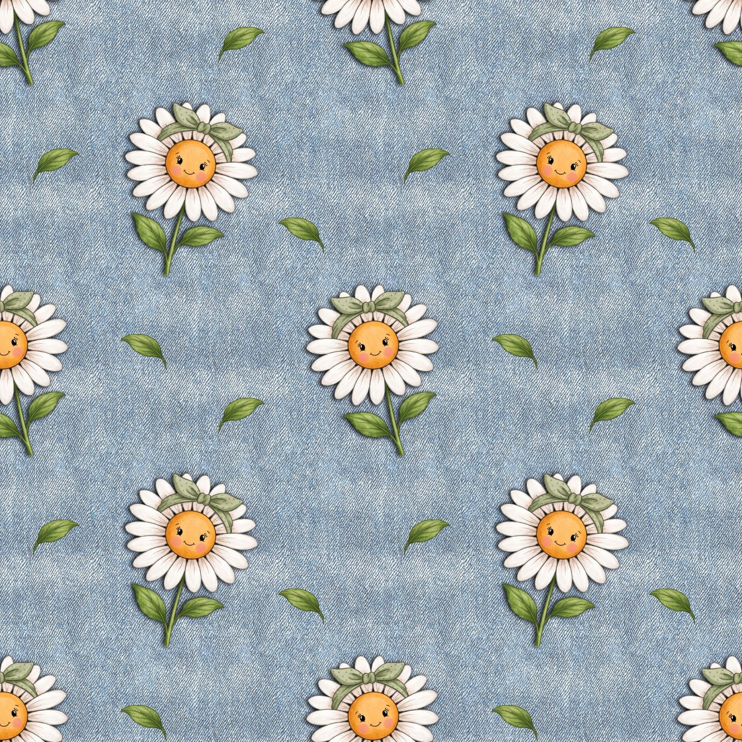 Jeanslook Stoff mit süßem Blumenmotiv und grünen Blättern als Meterware