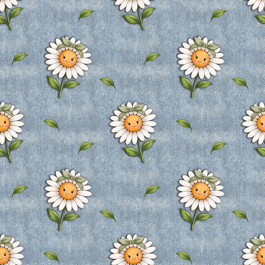 Jeanslook Stoff mit süßem Blumenmotiv und grünen Blättern als Meterware