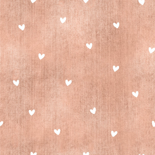 Nahtloser Denim Stoff in Apricot mit weißen Herzen als Kombistoff für Kinderkleidung
