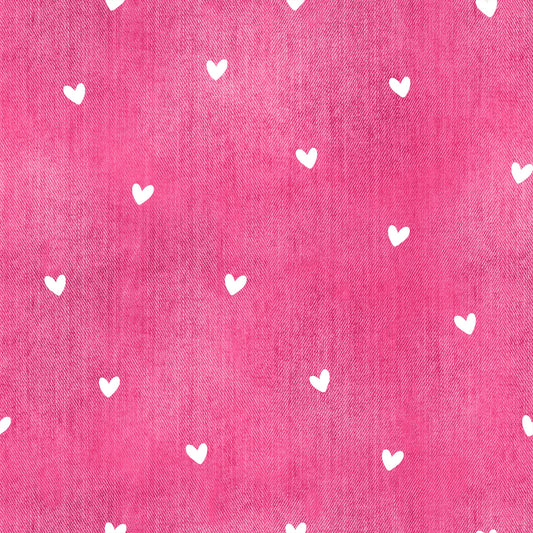 Nahtloser Denim Stoff in Pink mit weißen Herzen als Kombistoff