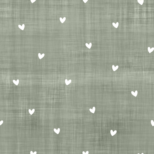 Nahtloser Denim Stoff in Salbei mit weißen Herzen als Kombistoff für Kinderkleidung