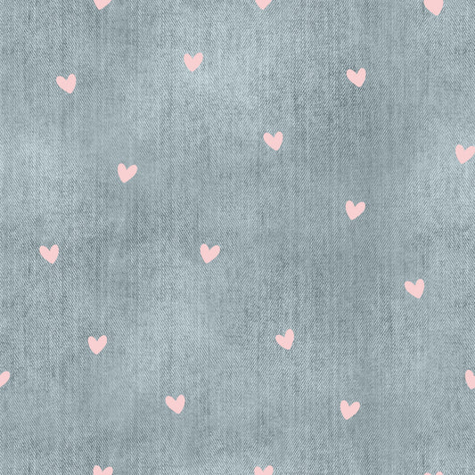 Nahtloser Denim Stoff in Hellblau mit kleinen Herzen als Kombistoff für Kinderkleidung