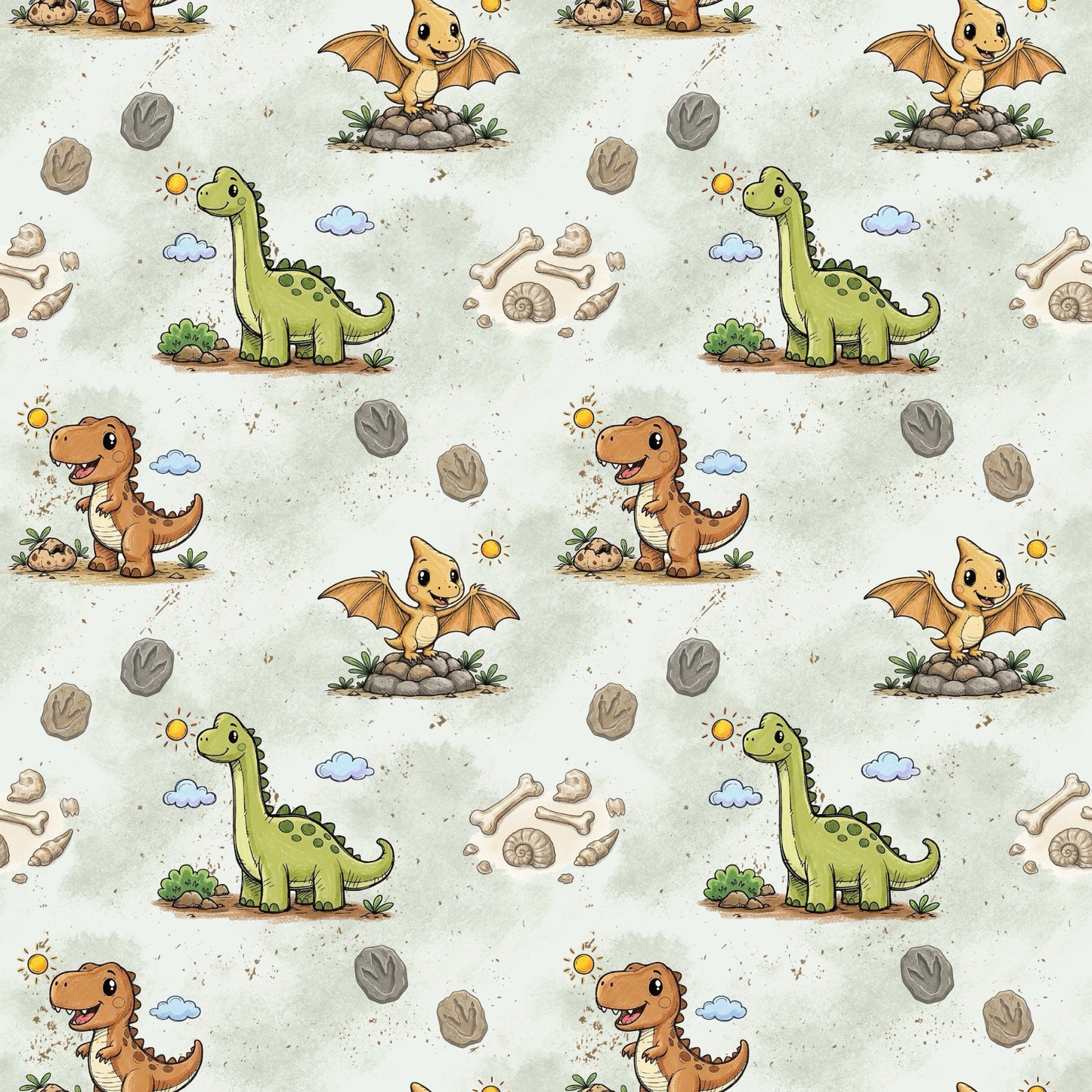 Kinderstoff mit niedlichen Dinosauriern und Fossilien auf mintfarbenem Hintergrund