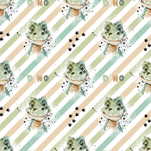 Nahtloses Muster „Dino“ auf Ripp-Jersey – freundliche Dinos & Streifen in Grün/Beige für Kinderkleidung